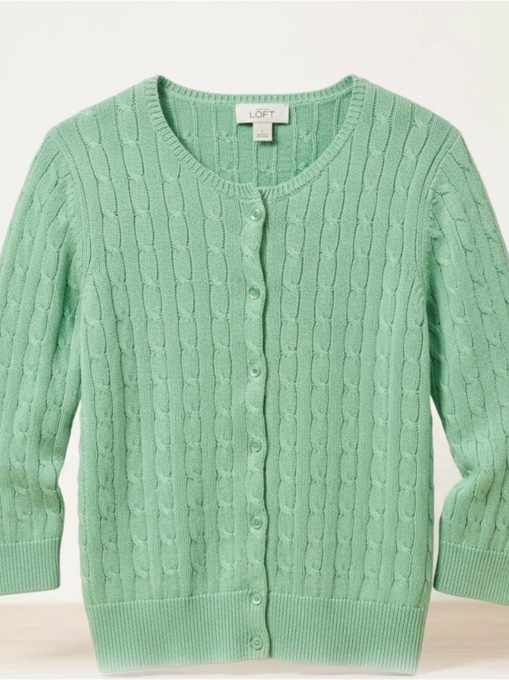 LOFT Seafoam Green Cable-Knit Button Cardigan, 100 % Cotton, Small